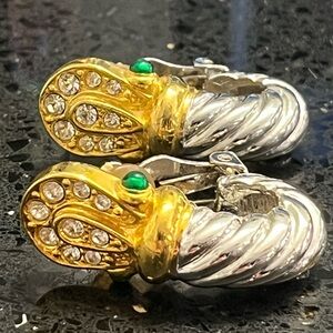 Alana Stewart vintage silver gold twisted emerald cabochon gems clip on earrings